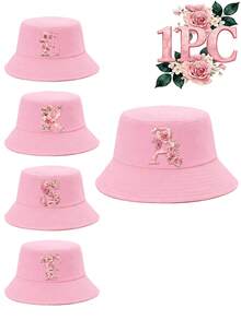 1 buah Topi Ember Anak Perempuan Warna Pink Elegan dengan Motif Huruf Bunga Mawar, 26 Pilihan Huruf, Manis & Chic, Bergaya, Ringan, dan Melindungi dari Matahari, Cocok untuk Pemakaian Sehari-hari, Aktivitas Luar Ruangan, Sekolah, dan Hadiah - Berwarna merah muda - View 2