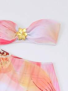 Bộ bikini 3 mảnh in hoa, kiểu dáng giản dị, dễ thương, thanh lịch, gợi cảm, phong cách Bohemian, buộc dây phía sau, thích hợp cho bãi biển, kỳ nghỉ, mặc hàng ngày, kỳ nghỉ xuân/hè, màu hồng. - Hồng - Xem 5