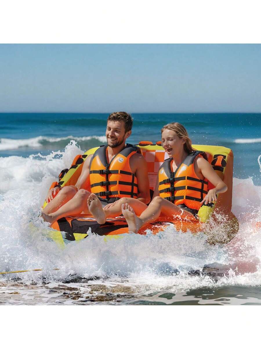 Towable Tube For Boating, 1-2 Riders Inflatable Towable Tubes With Deck Seats And Backrest, 340 Lbs Water Sport Tube For Boat To Pull, Full Nylon Cover, EVA Grab Handles And Speed Safety Valve - Orange - View 1