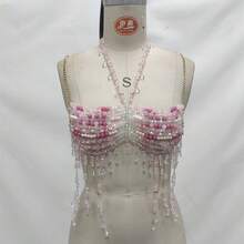 Glossmoon Pink Beads Festival Sexy Top Body Chain Chest Chain Body Chain Bikini Jewelry Beachwear Music Festival Nightclub Outfit - 粉紅色上衣 - 查看 10