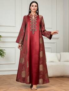 Solessence Áo Jalabiya dài thanh lịch dành cho nữ, thời trang, họa tiết jacquard ngẫu nhiên, đính cườm và thêu tinh tế, thích hợp cho lễ Eid, mặc hàng ngày và ở nhà vào mùa xuân. - Đỏ - Xem 1