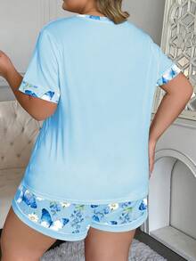 Plus Size Women's Fashion Sleepwear Set, Patchwork Design Faux Button, Solid Color Butterfly Print Laser Round Neck Short Sleeve Top + Allover Print Shorts 2 Piece Casual Suit - Multicolor - View 2