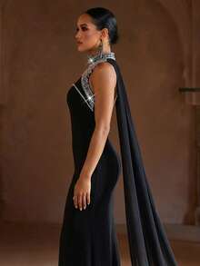 奢华黑色高领无袖连衣裙，端庄优雅，阿拉伯风格女装，女士正式礼服 - 黑色 - 查看 5