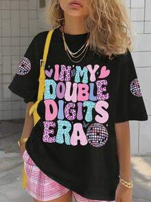 Tween Girls Casual Summer Colorful Letter & Music Design Cute Graphic Short Sleeve T-Shirt, Cartoon Student Youth Tee For Young Women - Black - View 8