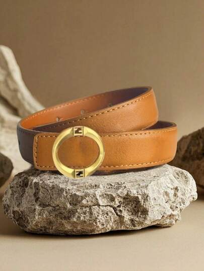 复古奢华腰带，配金色圆形扣环，采用耐用人造PU材质，适合休闲和正式场合穿着，优雅的收腰设计，可搭配连衣裙和日常服装。