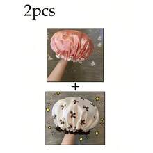 2pcs Waterproof Double-Layer Bow Shower Cap, Elastic Shower Cap, Adult Kitchen Oil-Proof Cap, Bathroom Hair Drying Cap, Elastic And Adjustable, Suitable For Face Washing, Drying Hair, Makeup, Cooking, Shampooing 1pc Home Bathroom Decor Fall Decor Back To School - Multicolor - View 13