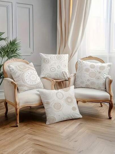 4pcs Bohemian-Style Beige Mandala Patterned Cushion Cover, Dimensions 45x45cm, Machine Washable, Zip Closure Design, Sold Without Filling. Suitable For Bedrooms, Living Rooms And Party Decorations, Making It An Ideal Decorative Cushion.