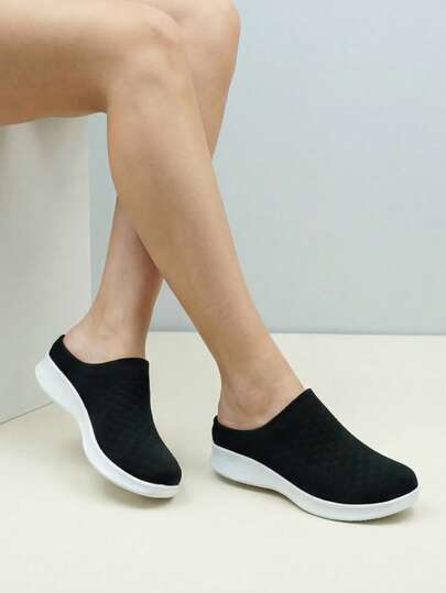 女款黑白半鞋面一脚蹬休闲气垫减震跑步鞋、运动/舞蹈/哺乳/摇摇鞋