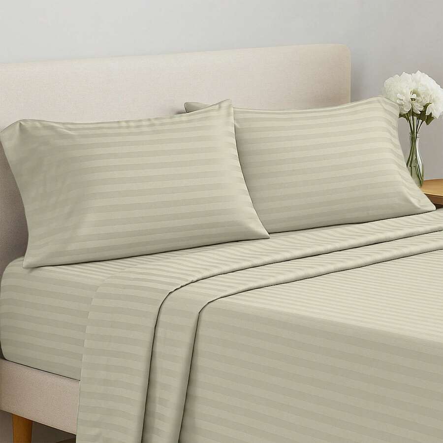 Lux Decor 4 Pc Stripe Bed Sheets High GSM Brushed Microfiber Sheets - Elevate Your Sleep Experience With Deep Pocket Bedding Sheets & Pillowcases-Graduation Gifts, Home Decor, Back-To-School Gift, Valentine's Day Bedroom, Spring Bedding Refresh, Guest Room Essentials, Dorm Room Bedding, Premium Bed Linens, Easy Care Sheets, Hypoallergenic Fabric, Year-Round Comfort, Master Bedroom Update, Matching Bedding Set, Hotel Quality Linens, Everyday Use, Classic Look, Home Basic - 綠色 - 查看 1