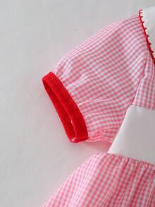 女婴彼得潘领荷叶边下摆短袖爱心印花连衣裙，优雅 - 粉色 - 查看 6