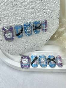 10片Y2K霓虹蓝紫色格子椭圆形按压式美甲贴片，手工3D星星铆钉蝴蝶结樱桃短款可爱坏女孩猫眼闪粉假指甲美甲用品（1张果冻贴纸+1把指甲锉）手工按压式美甲贴片 - 藍色 - 查看 2