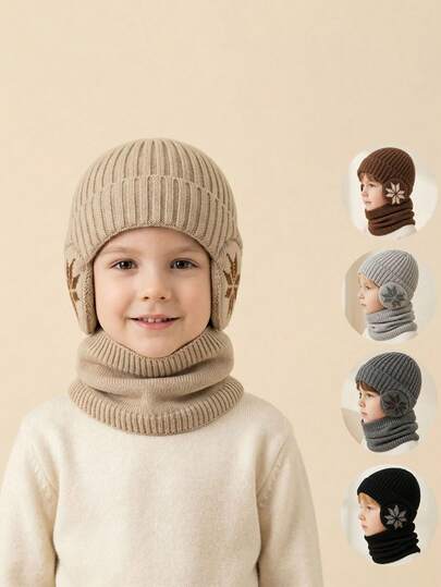 2pcs 3-8Y 8-12Y Snowflake Ear Protection Children's Hat And Scarf Set, 2 Pieces, Winter Outdoor Knitted Hat With Fleece, Thickened For Winter Biking