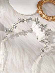 1 tiara com folha de prata e pérolas strass, acessório de cabelo para noivas e madrinhas, laço de fita para fotos de noivado. - Prata - Ver 7