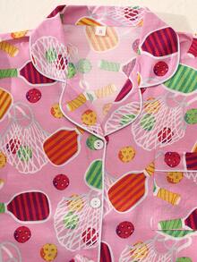 2pcs/Set Women's Popsicle Print V-Neck Short Sleeve Single-Breasted Top And Pants Pajama Set, Comfortable Summer Loungewear - Pink - View 3