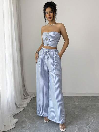 LiIyHouse Two Pieces Set Women's Summer Casual And Elegant Striped Racerback Sleeveless Top And Striped Elastic-Waist Wide-Leg Pants Set, Suitable For Holiday Vacations, Party Gatherings, Commuting And Office Work, Summer Tops For Women, Vacation Outfits For Women, Bohemian Women's Clothing.