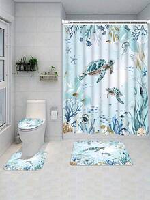 Set Tirai Mandi Motif Penyu Laut 1/4 buah, Dekorasi Kamar Mandi Gaya Pantai Laut Biru & Hijau, Tirai Mandi Poliester Tahan Air Ukuran 70,8*70,8 Inci dengan 12 Pengait - A - View 8
