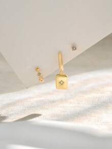 Nooxian 3pcs Elegant Square Rhinestone Earrings Set, Includes Petite Single Diamond Stud, Rhinestone Ear Cuff, And Square Hoop Earrings, Versatile For Daily, Work And Casual Wear - Yellow Gold - View 2