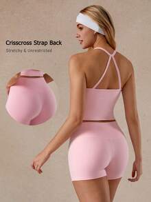 NcmRyu 女士瑜伽健身网球匹克球高尔夫训练背心和短裤运动套装 - 粉色 - 查看 1