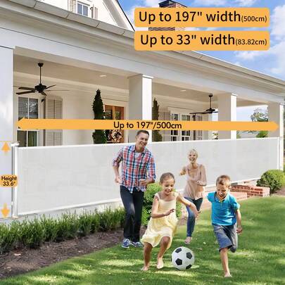 197 Inch Extra Wide Retractable Baby Gate,Mesh Large Baby Gate Or Mesh Pet Dog Gate, Opening Wide Extra Long Child Safety Gate For Indoor, Outdoor, Stairs, Deck(Grey,33"X197")