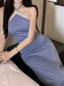 Elegant & Unique Women's Sexy Blue Lace Patchwork Spaghetti Strap Party Dress, Spring/Summer - Dusty Blue - View 10