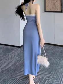 Elegant & Unique Women's Sexy Blue Lace Patchwork Spaghetti Strap Party Dress, Spring/Summer - Dusty Blue - View 4