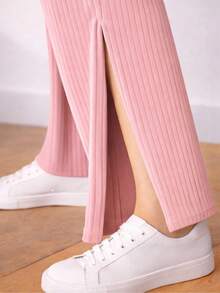 Women's Pink Wide-Leg High-Waisted Ribbed Pants With Side Slit And Pocket – Casual Fashion - Màu Hồng baby - Xem 3