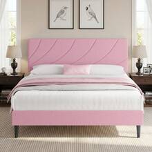 Upholstered Bed Frame With Headboard, Linen Fabric Platform Bed Frame With Adjustable Headboard, Modern Bed Frame With Wooden Slats Support, No Box Spring Needed, Easy Assembly, Pink, Twin/ Full/ Queen * Aesthetic Bedroom Furniture Instagrammable Bedroom Decor - 粉色 - 查看 12
