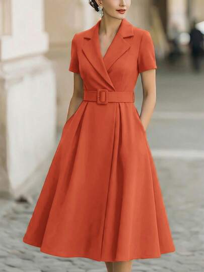 Vusalt Women's Summer Orange Elegant Minimalist Commuter Short Sleeve Shirt Collar Dress, Waist Cinched Design, Flared Silhouette, Suitable For Daily Commute, Office Wear, Formal Occasions, Valentine's Day Outfit, Wedding Guest Dress, Elegant Dress, Casual Dress, Birthday Dress, Outdoor Dress