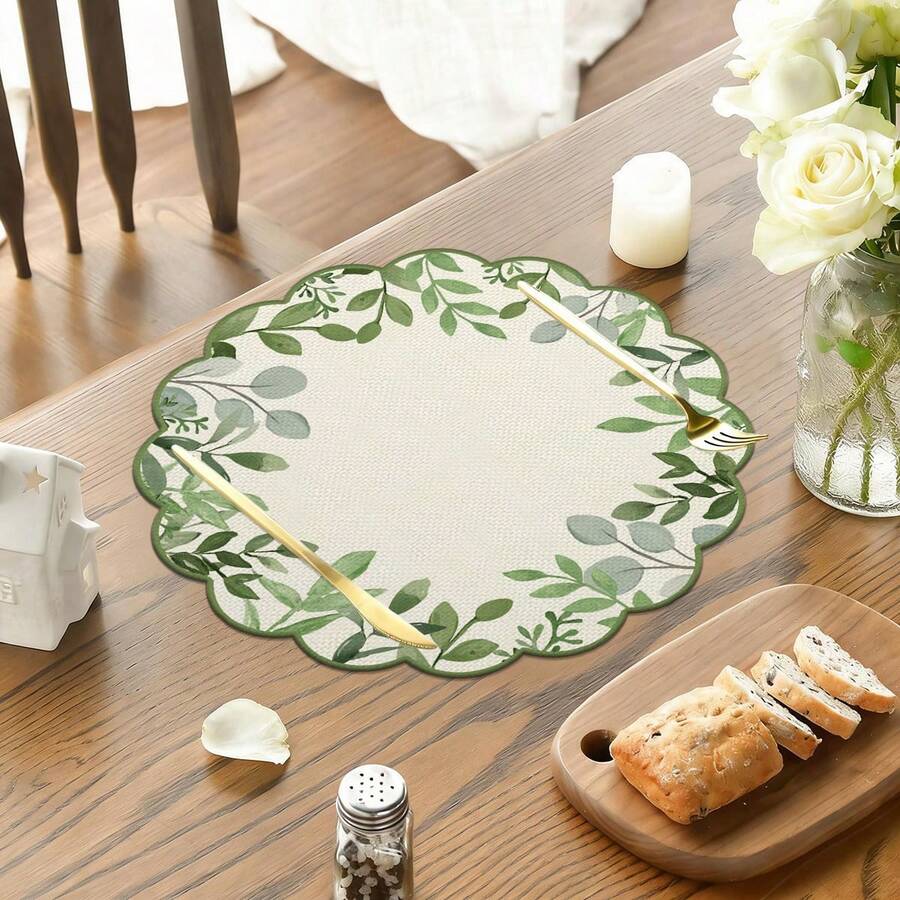 1pc/Set Eucalyptus Leaf Linen Round Placemat, 38cm, Seasonal Kitchen Dining Table Decor, Spring Home Decor, Spring Wedding Home Decoration - Multicolor - View 1