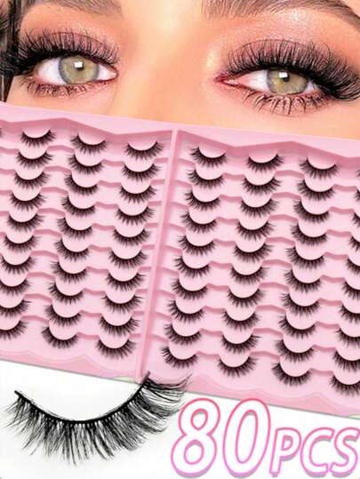 20 Pairs Of False Eyelashes With A Natural Feather-Like Texture, Featuring Curled Mink Hair-Style False Eyelashes That Can Lengthen Lashes. They Have A Fluffy Cat-Eye Style With Extended Tips.