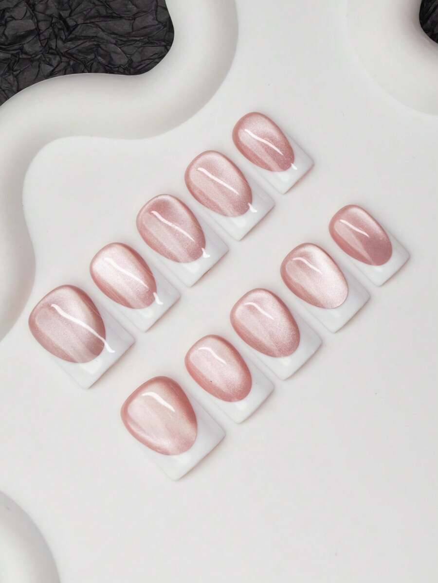 10片/套方形手工美甲贴片，Y2K 酷炫风格，裸色和白色，法式贴片和猫眼设计，适合派对、舞会和日常佩戴，包含美甲工具，是送给女性和女孩的绝佳礼物。 - 彩色 - 查看 1