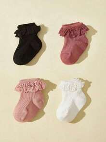 4pairs/pack Baby Girls' Socks With Lace Decoration, Medium Size For All Seasons - Multicolor - View 10