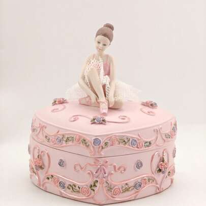 粉色芭蕾舞心形蝴蝶结音乐盒，家居装饰礼物，送给女朋友、女儿，情人节、生日、周年纪念日