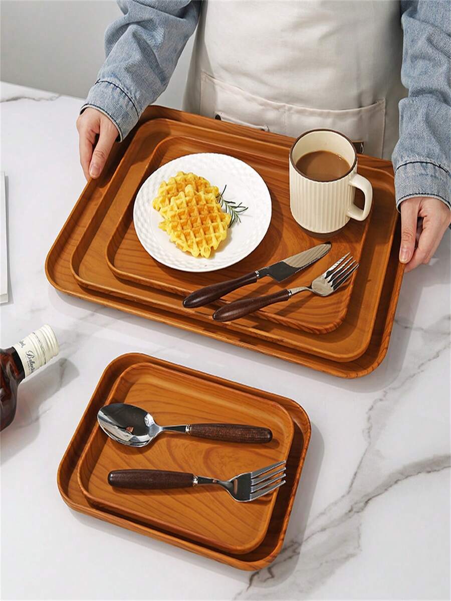 1 Large Wooden Look Plastic Serving Tray, Modern Rectangular Non-Slip Easy-Clean Tray | Breakfast Brunch Coffee Table Patio | Christmas Thanksgiving BBQ Backyard Gathering