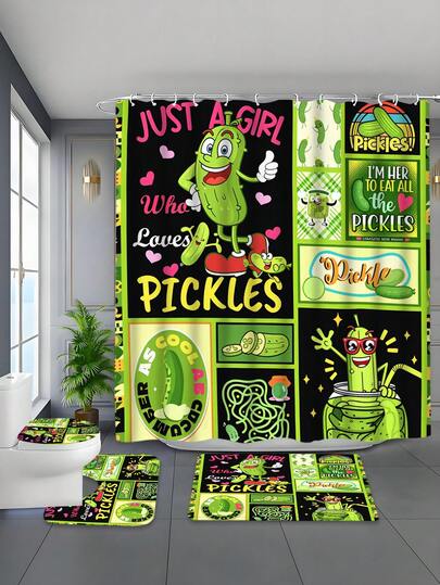 1pc/4pcs Classic & Fashionable Blanket, Funny Pickle All-Over Print, Cartoon Pickle & Creative Text Elements Theme, All Season Home & Bathroom 4-Piece Set, Including Waterproof & Durable Polyester Shower Curtain (With 12 Hooks), Non-Slip Bath Mat, U-Shaped Mat, And Round Toilet Lid Cover, Modern Minimalist Luxury Bathroom Decor Set