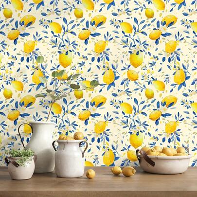 1 rollo de papel tapiz autoadhesivo con estampado de limones amarillos y flores, papel de contacto impermeable y removible con patrón de frutas, adecuado para sala de estar, dormitorio, cocina, decoración de muebles, apto para alquileres, papel tapiz para manualidades
