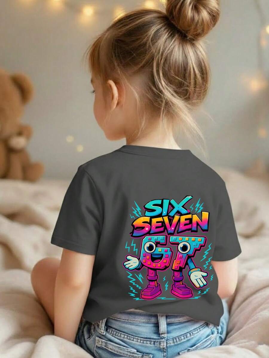 Young Girl 6-7 Years Old Cartoon Pattern Printed T-Shirt, Fashionable Casual Versatile Top, Suitable For Girls' Daily Casual Wear - Dark Grey - View 1