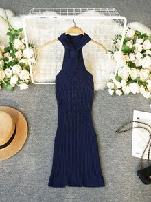 新款露背无肩带紧身针织迷你连衣裙，收腰修身短裙，性感风格，春夏款 - 寶藍色 - 查看 8