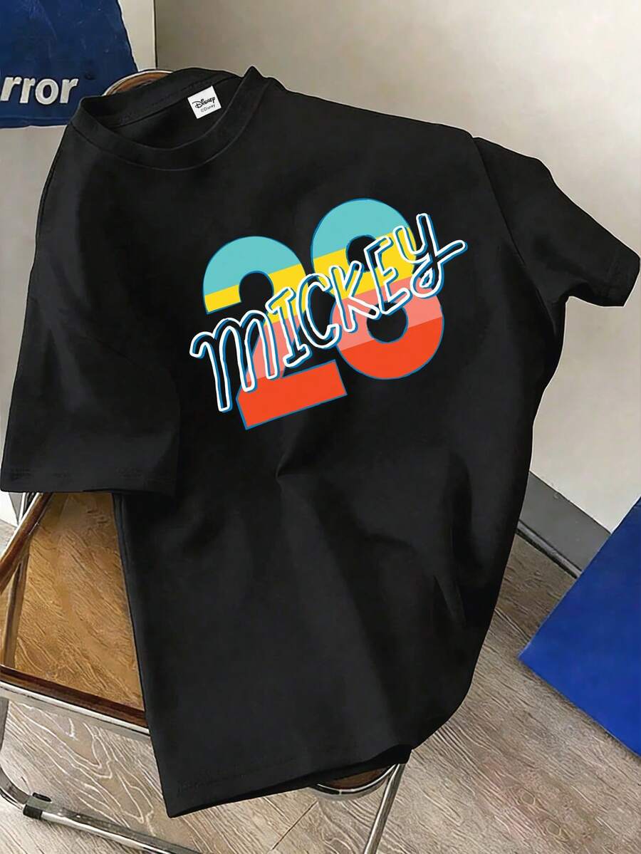 Disney Mickey Mouse #28 Colorblock Men's T-Shirt, Mickey Rainbow Number Print Short Sleeve, American Vintage Top, Casual Summer Tee, Suitable For Daily Wear, Beach Vacation, Men's Fashion Style And Carnival Events - Black - View 1