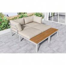 Garten-Loungesessel-Set, Gestell Aus Verzinktem Stahl, (2x Zweisitzer, 2x Beistelltische, 1x Tisch), Akazienholzplatte, Stoffbezug Zur Bespannung Der Rückenlehne, Beige(Previous Sku:HW00005AAW) - Beige - View 3