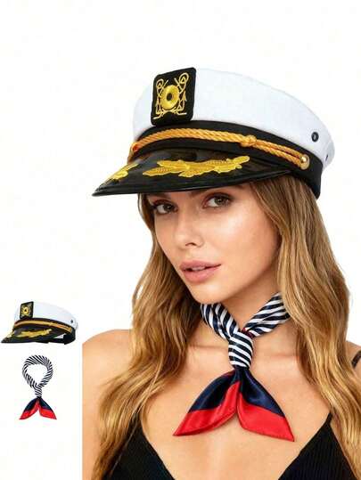 2pcs/Set (Navy Cap + Neckerchief) Captain's Hat, Yacht Sun Hat, Party Sailor Cap / Valentine's Day Set