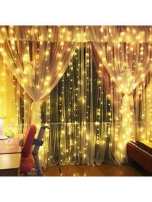 Cortinas Decorativas De 300 Led Serie De Luces Con 8 Modos - Amarillo - Ver 10