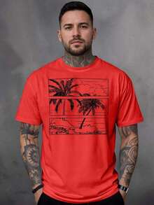 Men's T-Shirt, 100% Cotton, Palms Print - 紅色 - 查看 1