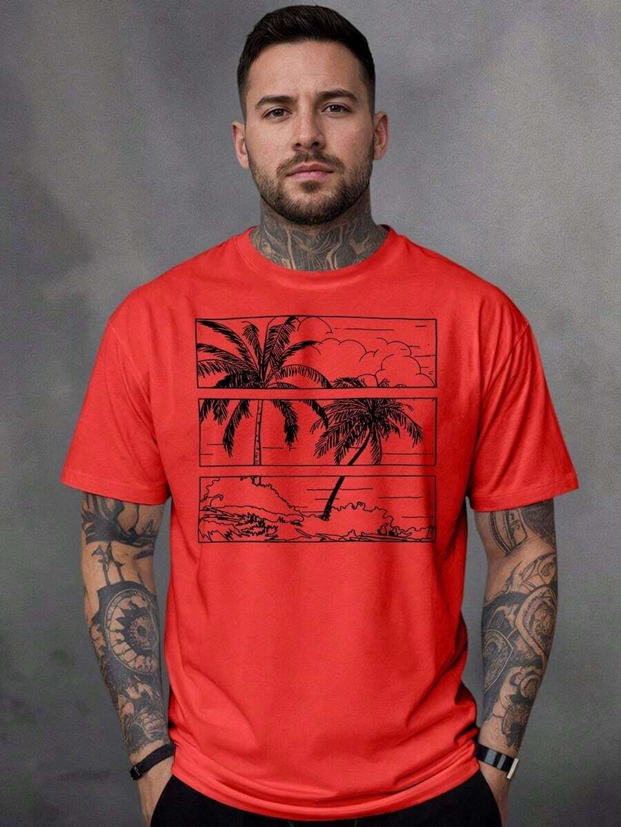 Men's T-Shirt, 100% Cotton, Palms Print - 紅色 - 查看 1