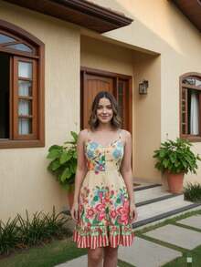 Short, Flowy Tropical Dress For The Beach, Carnival, And Travel, With Adjustable Straps. - Yellow Barred - View 1