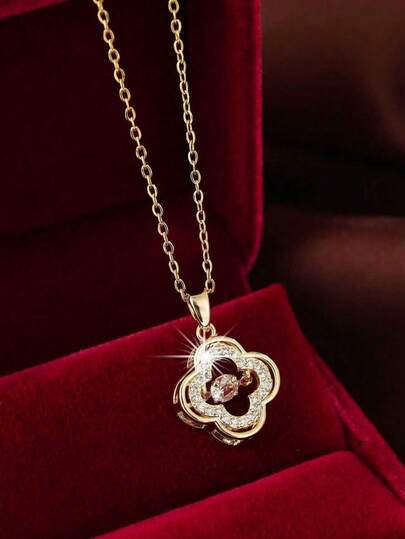 1pc Lucky Leaf Hollow Cubic Zirconia Pendant Necklace For Women