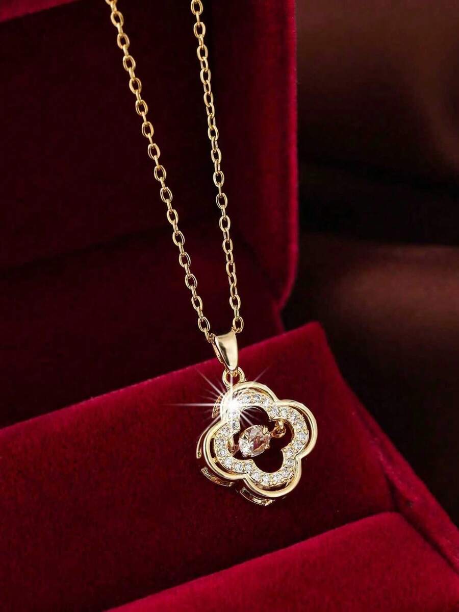 1件装幸运叶镂空立方氧化锆吊坠项链（女士款） - 項鍊 - 查看 1