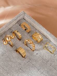 7Pcs Edgy Golden Ring Set, Multi - Style Stackable Rings With Twisted Chain, Bead & Textured Designs, Women's Hip - Hop Fashion Jewelry For Layering - Yellow Gold - View 5