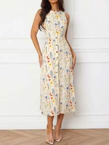 Women's Elegant Sleeveless Printed Dress, Front Button Design, Woven Fabric, Elegant Summer Dress For Women, Elegant Party Dress Vacation - Multicolor - View 4