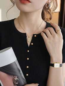 Chic Metal Half-Button V-Neck Short Sleeve Knit Top For Women, Fitted Design, & Versatile, Spring/Summer Black - Black - View 5